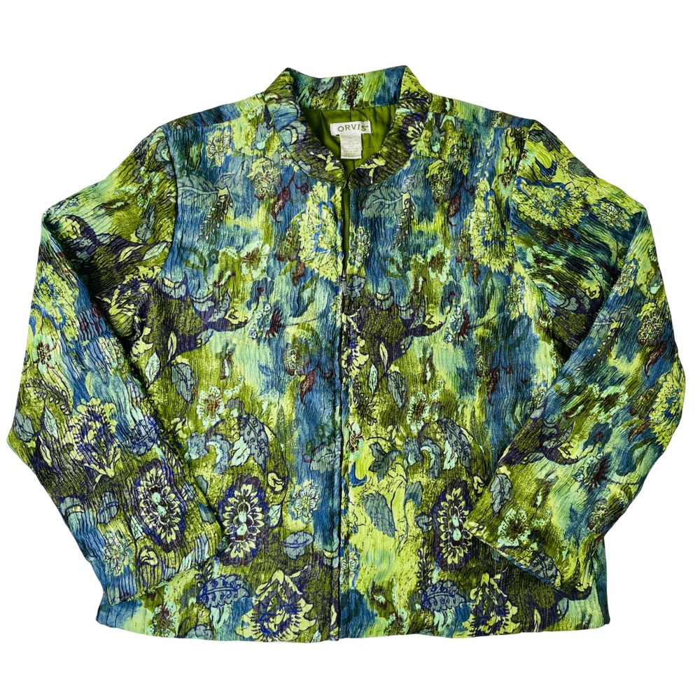 Orvis Women Medium Green Blue Floral Crinkle Zip Up Jacket Mock Neck Lightweight
